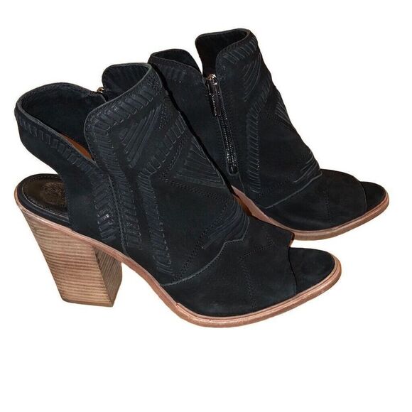 Vince Camuto Karinta Black Peep Toe Booties Block Heel Leather Shooties Sz 11m - Picture 2 of 10